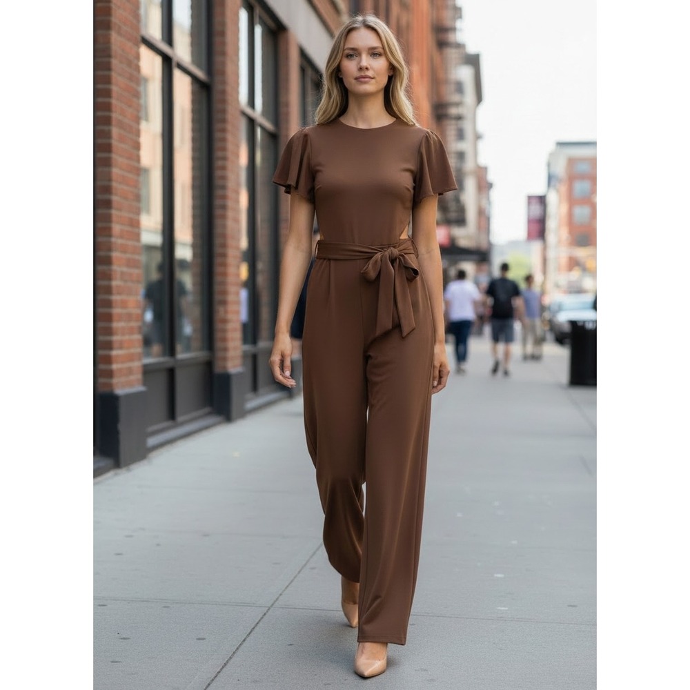 Calvin Klein Brown Flutter Sleeve Wide Leg Tie Waist Jumpsuit Size 4 Luxery